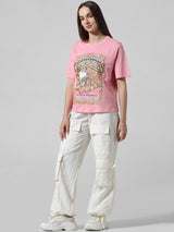 Women's Pink Knitted Casual Printed Regular Fit Half Sleeves Tshirt