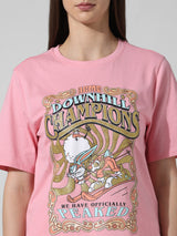 Women's Pink Knitted Casual Printed Regular Fit Half Sleeves Tshirt