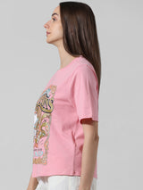 Women's Pink Knitted Casual Printed Regular Fit Half Sleeves Tshirt