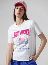 Women's White Knitted Casual Printed Regular Fit Half Sleeves Tshirt