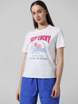 Women's White Knitted Casual Printed Regular Fit Half Sleeves Tshirt