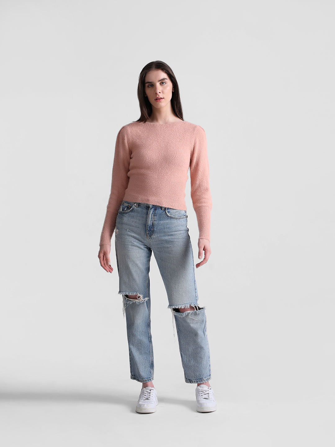 Women's Pink Solid Casual Fluffy Pullover