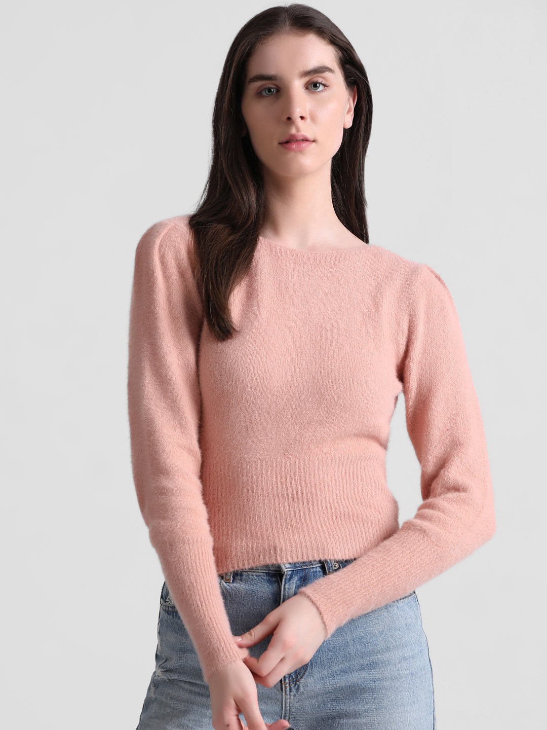 Women's Pink Solid Casual Fluffy Pullover