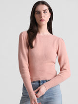 Women's Pink Solid Casual Fluffy Pullover