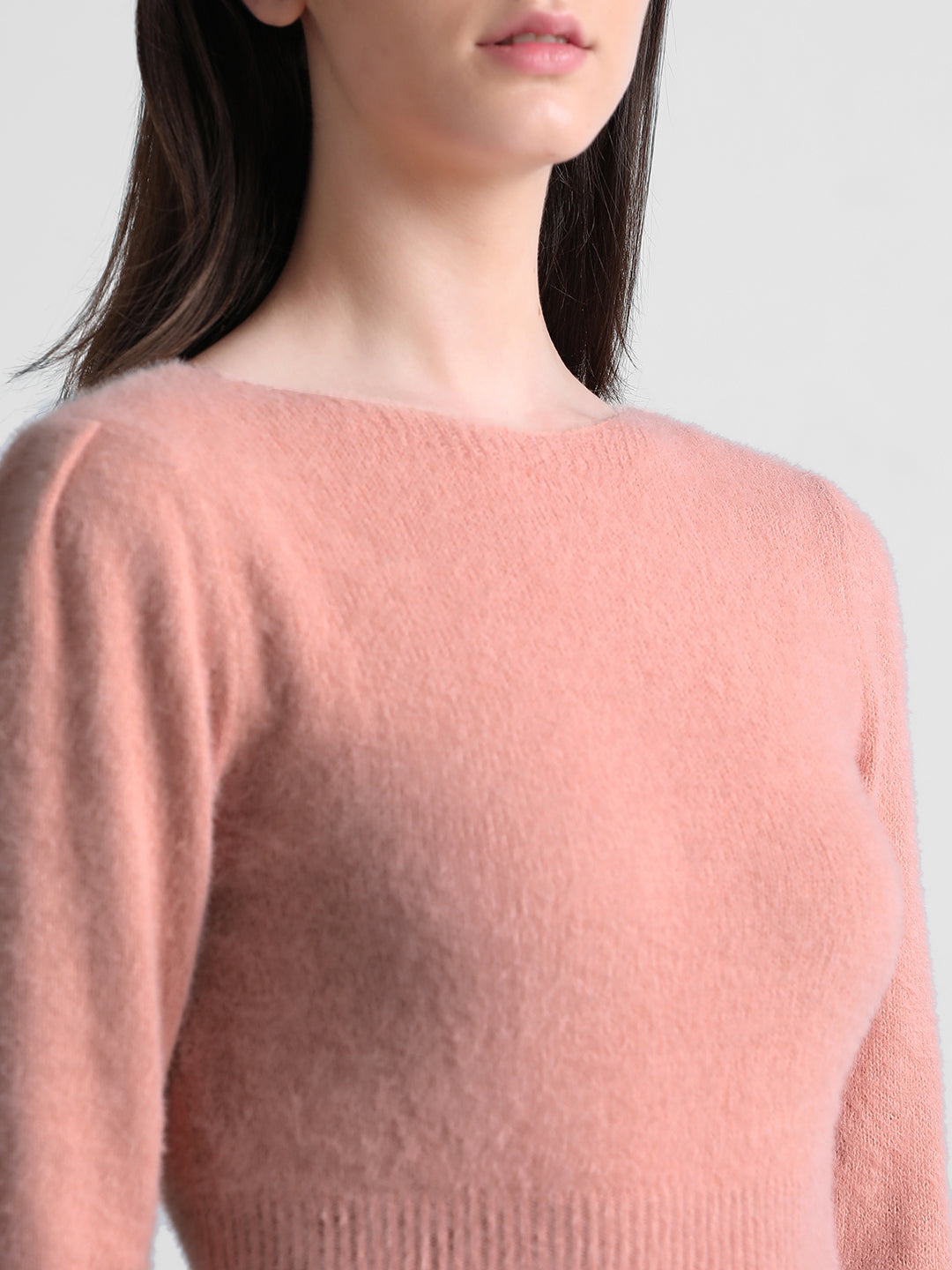 Women's Pink Solid Casual Fluffy Pullover