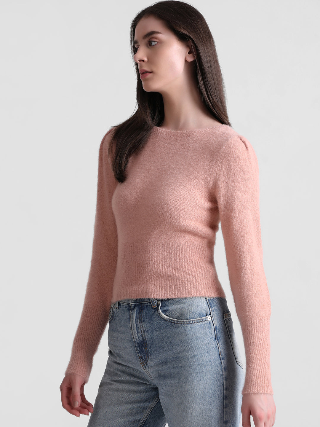 Women's Pink Solid Casual Fluffy Pullover
