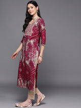 Women's Red Printed Mirror Work Straight Kurta