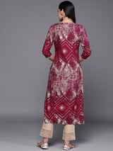 Women's Red Printed Mirror Work Straight Kurta