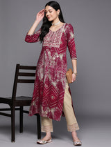 Women's Red Printed Mirror Work Straight Kurta