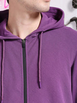 Men's Purple Casual Hood Neck Self-Design Full Sleeves Hoodie