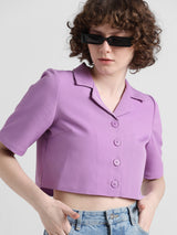 Women's Purple Woven Casual Solid Cropped Half Sleeves Shirt