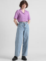 Women's Purple Woven Casual Solid Cropped Half Sleeves Shirt