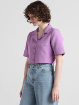 Women's Purple Woven Casual Solid Cropped Half Sleeves Shirt
