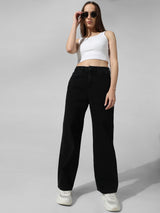 Women's Black Woven Casual Solid Regular Fit Jeans