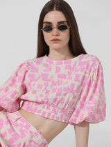 Women's Pink Woven Casual Printed Cropped Half Sleeves Top
