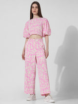 Women's Pink Woven Casual Printed Cropped Half Sleeves Top