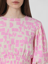 Women's Pink Woven Casual Printed Cropped Half Sleeves Top
