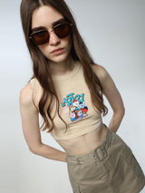 Women's Beige Knitted Casual Printed Cropped Sleeveless Top