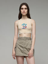 Women's Beige Knitted Casual Printed Cropped Sleeveless Top