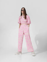 Women's Pink Knitted Casual Printed Regular Fit Pant