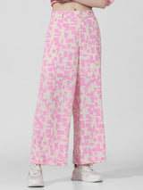 Women's Pink Knitted Casual Printed Regular Fit Pant