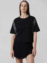 Women's Black Knitted Casual Solid Regular Fit Half Sleeves Tshirt
