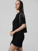 Women's Black Knitted Casual Solid Regular Fit Half Sleeves Tshirt