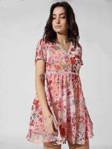 Women's Pink Woven Casual Printed Above Knee Half Sleeves Dress