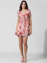 Women's Pink Woven Casual Printed Above Knee Half Sleeves Dress