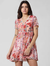 Women's Pink Woven Casual Printed Above Knee Half Sleeves Dress