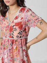 Women's Pink Woven Casual Printed Above Knee Half Sleeves Dress