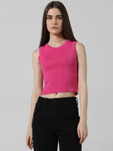 Women's Pink Knitted Casual Solid Cropped Sleeveless Top