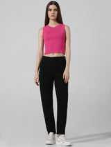 Women's Pink Knitted Casual Solid Cropped Sleeveless Top