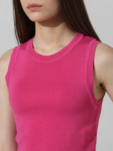 Women's Pink Knitted Casual Solid Cropped Sleeveless Top