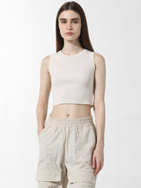 Women's White Knitted Casual Solid Cropped Sleeveless Top