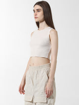 Women's White Knitted Casual Solid Cropped Sleeveless Top