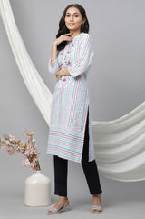 Women's Multicolor Striped Floral Embroidered Straight Cotton Blend Kurta With Trouser