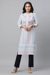 Women's Multicolor Striped Floral Embroidered Straight Cotton Blend Kurta With Trouser