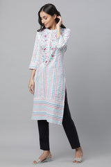 Women's Multicolor Striped Floral Embroidered Straight Cotton Blend Kurta With Trouser