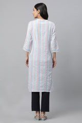 Women's Multicolor Striped Floral Embroidered Straight Cotton Blend Kurta With Trouser