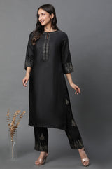 Women's Black Solid Embellished Straight Silk Kurta and Pant