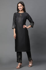 Women's Black Solid Embellished Straight Silk Kurta and Pant
