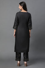Women's Black Solid Embellished Straight Silk Kurta and Pant