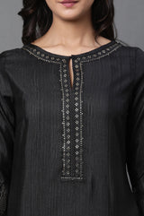 Women's Black Solid Embellished Straight Silk Kurta and Pant