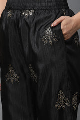 Women's Black Solid Embellished Straight Silk Kurta and Pant