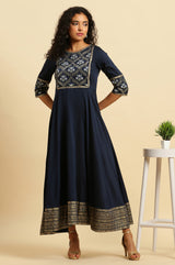 Women's Solid Floral Embroidered Woven Flared Dress