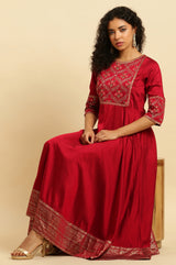Women's Solid Floral Embroidered Woven Flared Dress