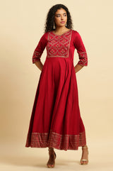 Women's Solid Floral Embroidered Woven Flared Dress