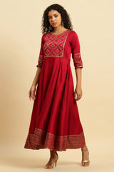 Women's Solid Floral Embroidered Woven Flared Dress