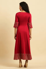 Women's Solid Floral Embroidered Woven Flared Dress
